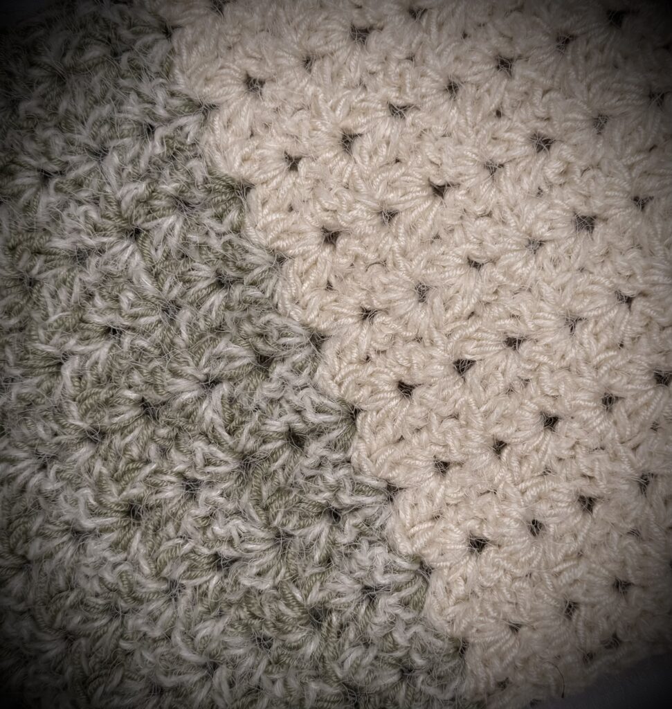 Close-Up View of the Cluster V Stitch in The Frosty Matcha Crochet Scarf