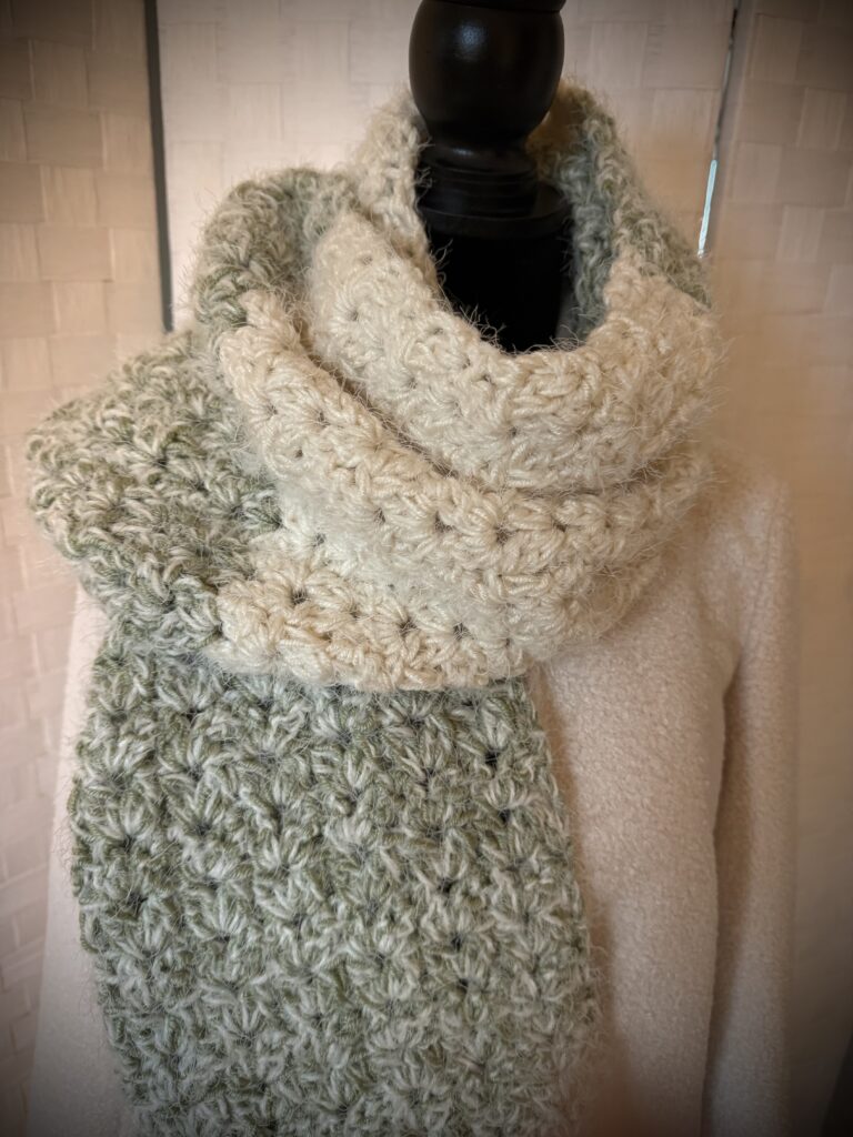 Learn to Crochet the Frosty Matcha Scarf using the Cluster V Stitch