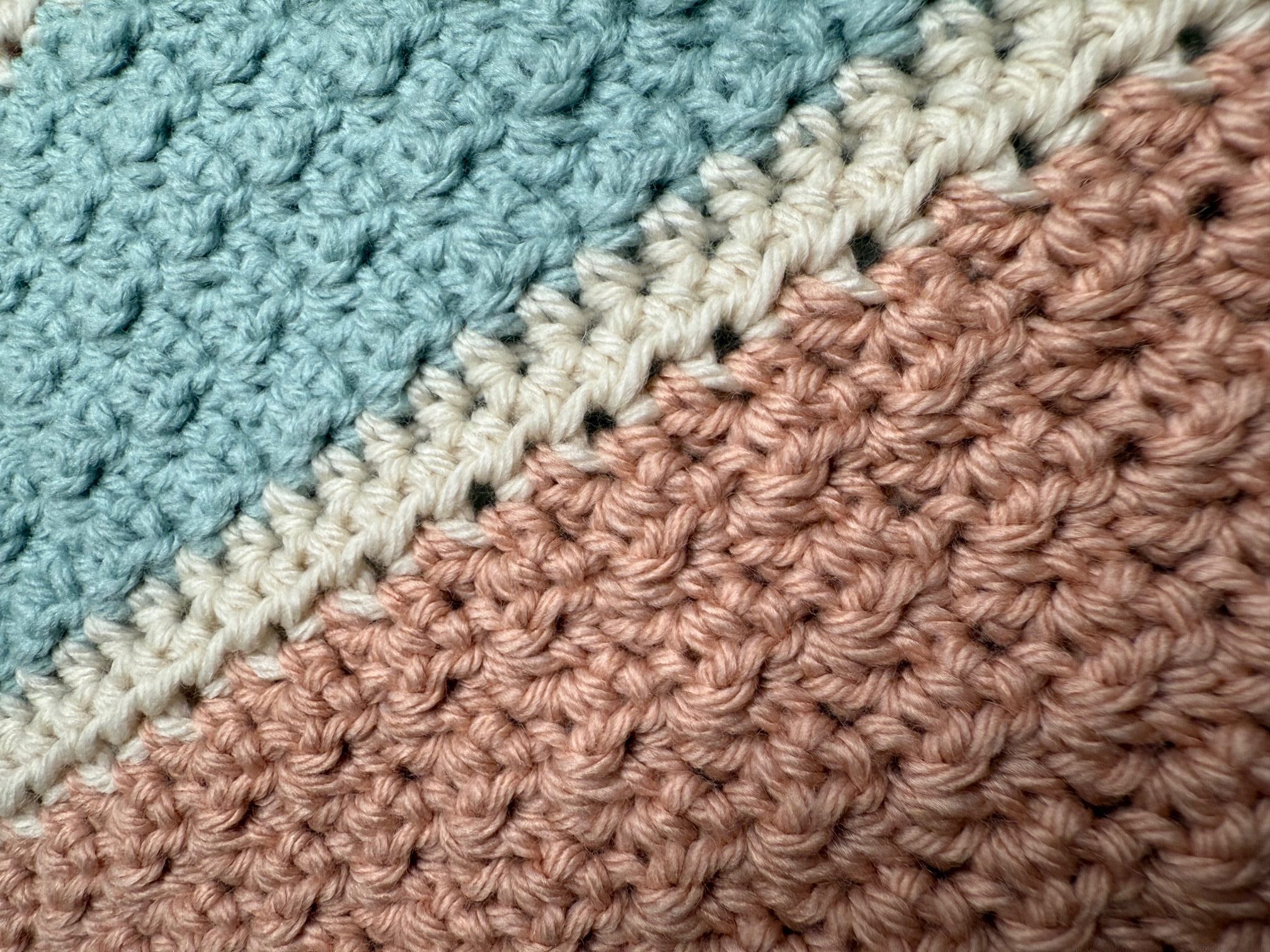 Close-up of the Hi-Low crochet blanket showing the alternating singe and double crochet stitches for textured effect.